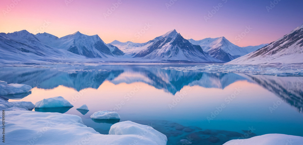 A breathtaking Arctic tundra, showcasing a vibrant, crystal-clear lake framed by sweeping snow-covered mountains in the distance.