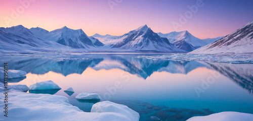 Obraz na płótnie A breathtaking Arctic tundra, showcasing a vibrant, crystal-clear lake framed by sweeping snow-covered mountains in the distance. w salonie
