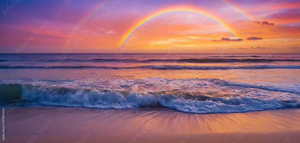 A breathtaking sunset with vibrant hues of orange, blue, and purple painting the sky. A mesmerizing rainbow arcs across the sky, adding a magical touch