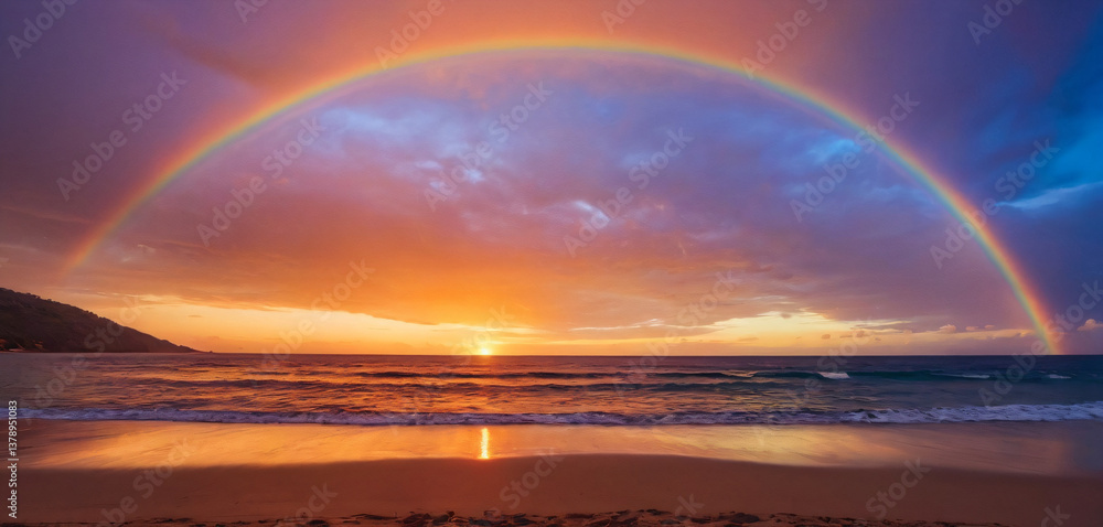 A breathtaking sunset with vibrant hues of orange, blue, and purple painting the sky. A mesmerizing rainbow arcs across the sky, adding a magical touch