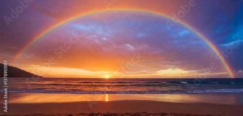 Obraz na płótnie A breathtaking sunset with vibrant hues of orange, blue, and purple painting the sky. A mesmerizing rainbow arcs across the sky, adding a magical touch w salonie