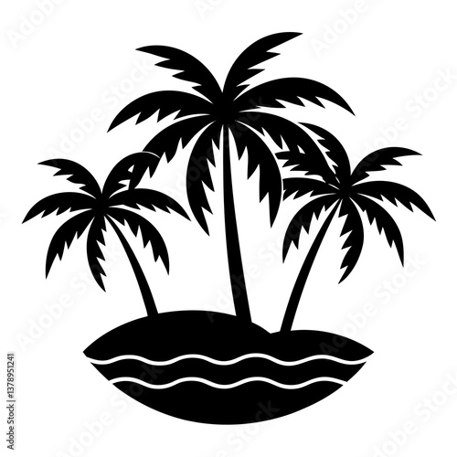 Tropical Island Silhouette with Palm Trees and Waves, Vector Illustration for Summer Design.
