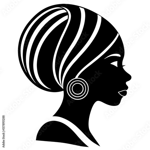 Silhouette of Elegant African Woman in Traditional Headwrap, Black and White Illustration