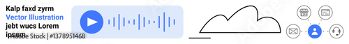 Audio playback player with waveform, cloud storage, and icons for user, messaging, shopping, and calendar. Ideal for technology, audio apps, data storage cloud integration user connectivity smart
