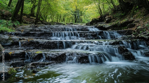 Tranquil forest waterfall cascading over rocks in lush greenery