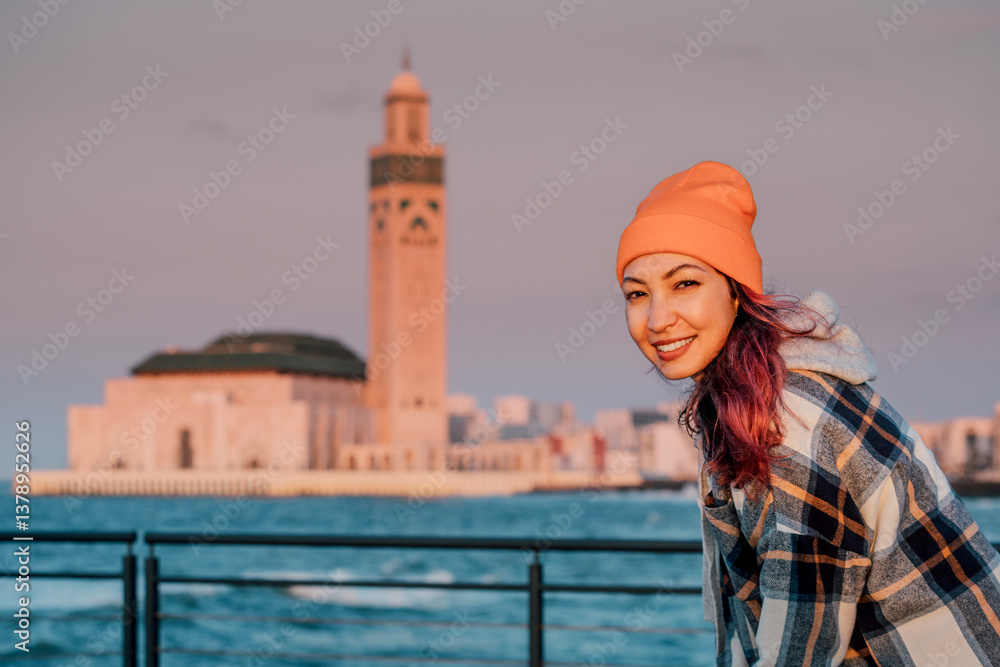 Tourist enjoying sunset light with Hassan II Mosque in the background in Casablanca, Morocco
