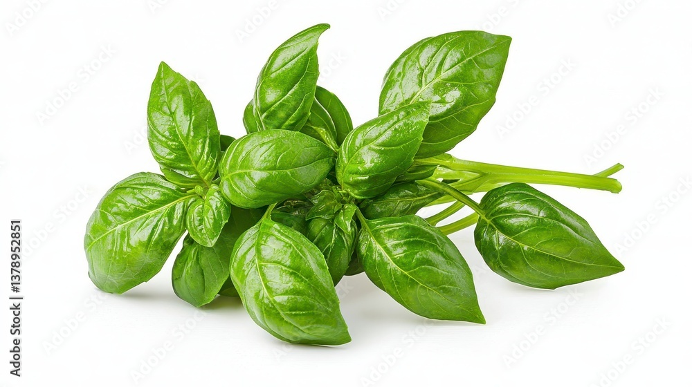 Fototapeta premium Fresh bunch of fragrant basil leaves isolated on a bright white background showcasing their lush green appearance