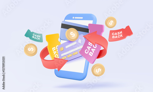 3D vector Mobile phone with Arrow return, credit card, code discount coupons cashback coins money transfer business Shop online refund marketing profitable shopping concept. banner illustration.