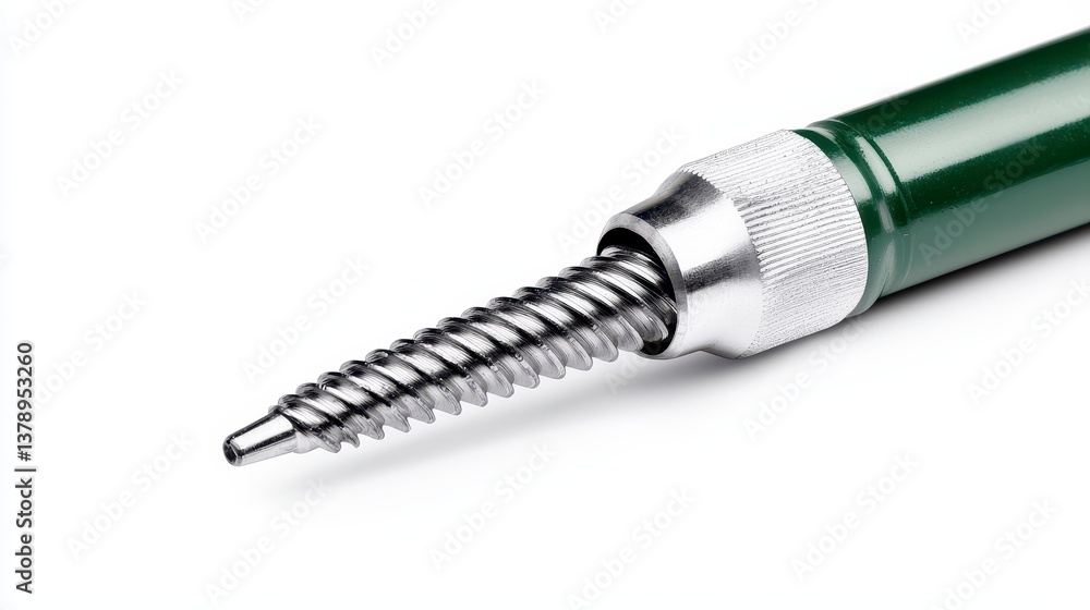 Close-up image of a dark green cylindrical tool featu a silver screw-like tip extending from a metallic collar, detailed industrial design element. Close-up image of a dark green cylindrical tool featu a silver screw-like tip extending from a metallic collar, detailed industrial design element.
