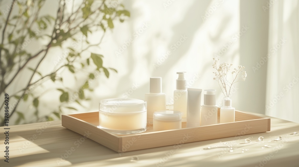 Collection of skincare products arranged on a wooden tray in a bright, serene indoor setting during the day Collection of skincare products arranged on a wooden tray in a bright, serene indoor setting during the day