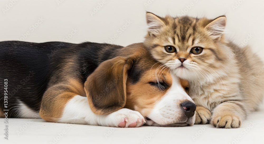 Cozy Companions: Kitten and puppy are napping together, showcasing the beauty of interspecies friendship in a heartwarming scene. Cozy Companions: Kitten and puppy are napping together, showcasing the beauty of interspecies friendship in a heartwarming scene.
