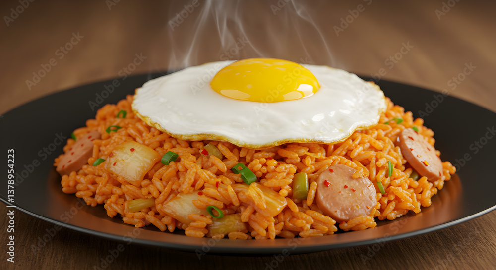 Savory kimchi fried rice, topped with a gleaming sunnyside up egg on dark plate Savory kimchi fried rice, topped with a gleaming sunnyside up egg on dark plate