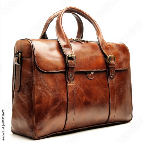 A rich, brown leather duffel bag, perfect for the discerning traveler, exudes timeless elegance and handcrafted quality with a warm, subtle texture.