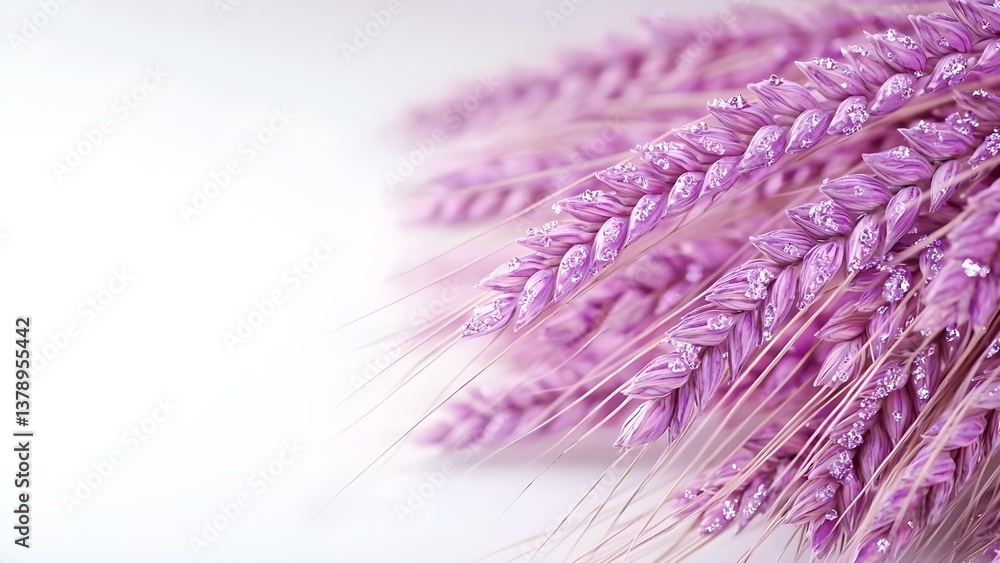 Fototapeta premium A close-up of purple wheat or decorative grain, showcasing its detailed texture and soft hues against a light background. Concept Close-Up Photography, Purple Wheat Texture, Decorative Grains
