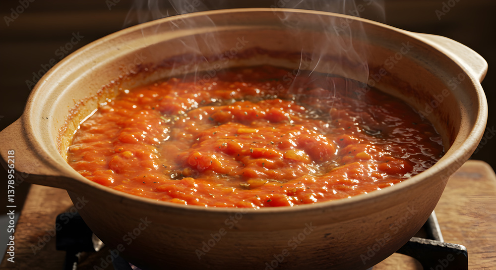 Fragrant homemade tomato sauce simmering gently in rustic ceramic pot Fragrant homemade tomato sauce simmering gently in rustic ceramic pot