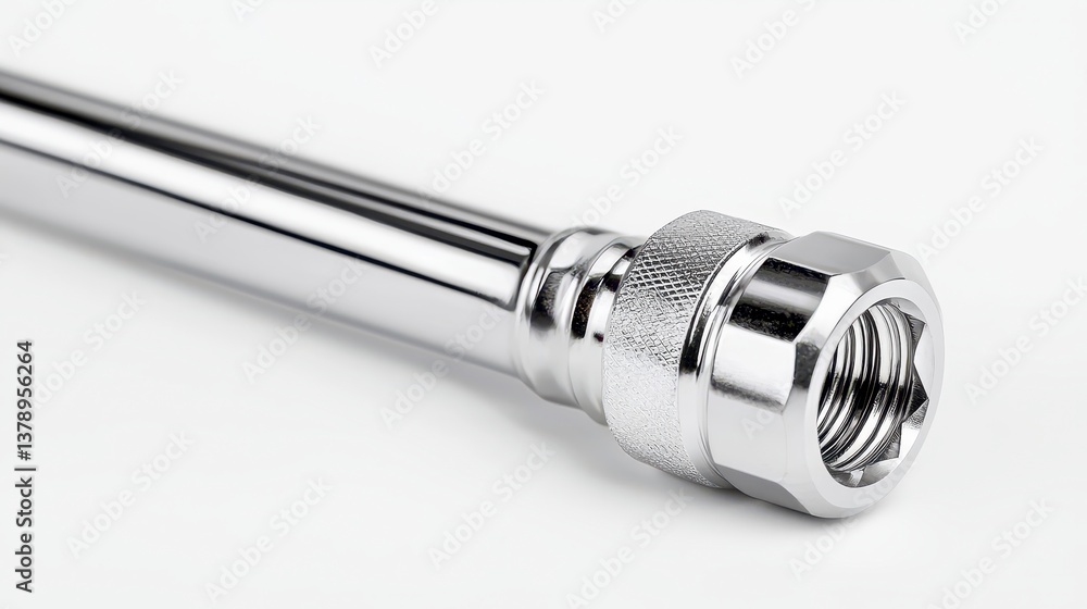 Close-up view of a polished chrome-plated metal rod with a threaded connector highlighting its finish and detail against a plain white background Close-up view of a polished chrome-plated metal rod with a threaded connector highlighting its finish and detail against a plain white background