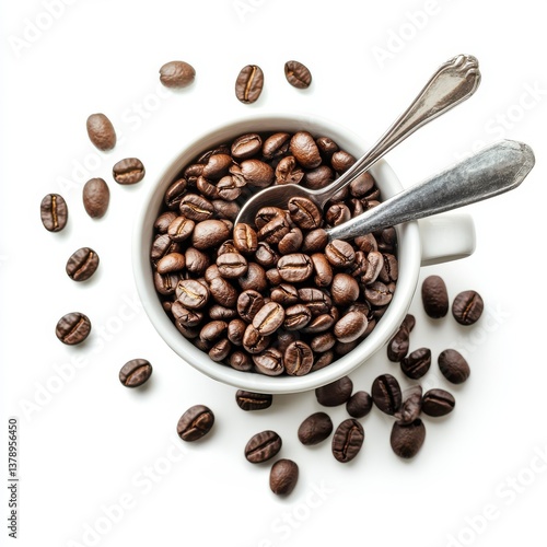 A rich aroma of freshly roasted coffee beans fills a simple white mug, ready to be savored, two spoons nestled amongst the dark, glistening beans against a bright white background.