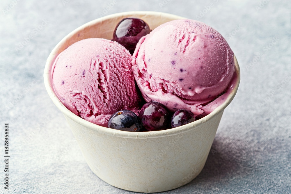 A delicious cup of frozen yogurt topped with fresh blueberries sits on a rustic blue wooden table, with space for text nearby A delicious cup of frozen yogurt topped with fresh blueberries sits on a rustic blue wooden table, with space for text nearby
