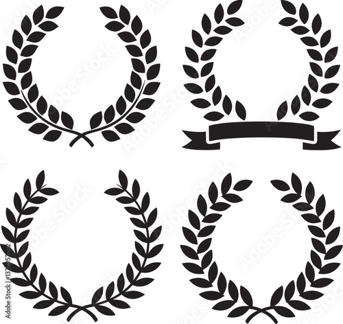 Set of black circular foliate laurels branches silhouette vector illustration Isolated On Transparent Background