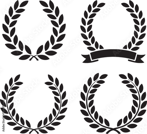 Set of black circular foliate laurels branches silhouette vector illustration Isolated On Transparent Background