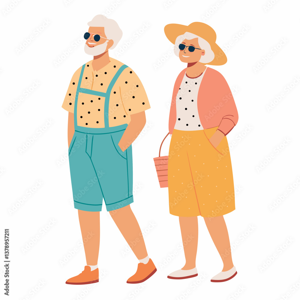 Elderly couple enjoying a sunny day while walking in casual attire Elderly couple enjoying a sunny day while walking in casual attire