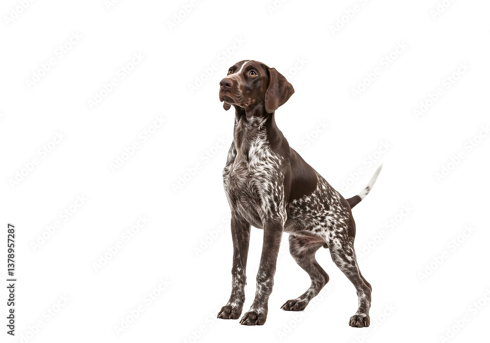 A German shorthaired pointer dog sitting on a white background looking up. A German shorthaired pointer dog sitting on a white background looking up.