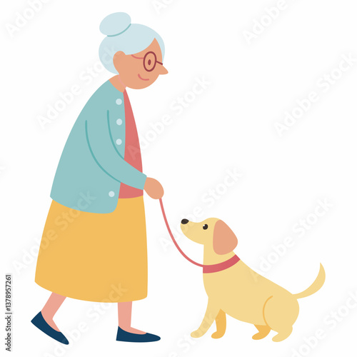 Elderly woman happily walking her dog in a cheerful setting  