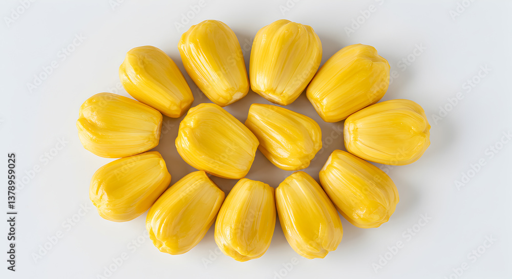 Fototapeta premium Bright yellow jackfruit segments creatively arranged on a pristine white backdrop