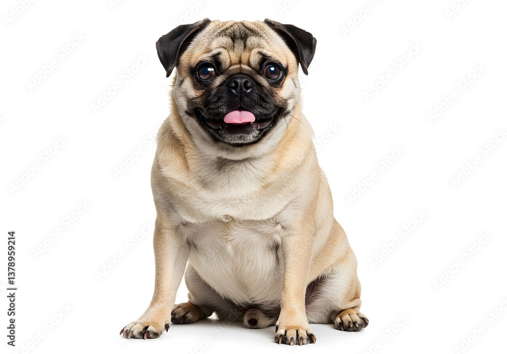 A fawn pug sitting with tongue sticking out on a white background . A fawn pug sitting with tongue sticking out on a white background .