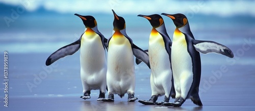 Four penguins walking along the beach in a neat row