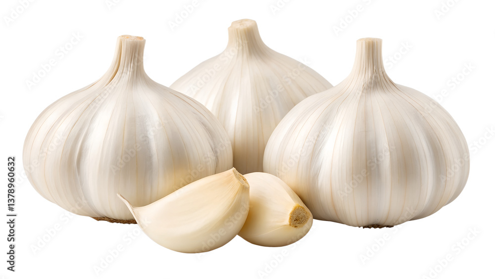 Obraz premium Three whole heads of white garlic bulbs with two cloves of garlic sitting next to them
