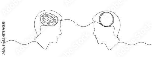Two heads one with a tangled mind the other with an unraveling thread of thoughts drawn in one continuous line. Concept of chaos and order in thoughts, psychotherapy. Vector editable illustration