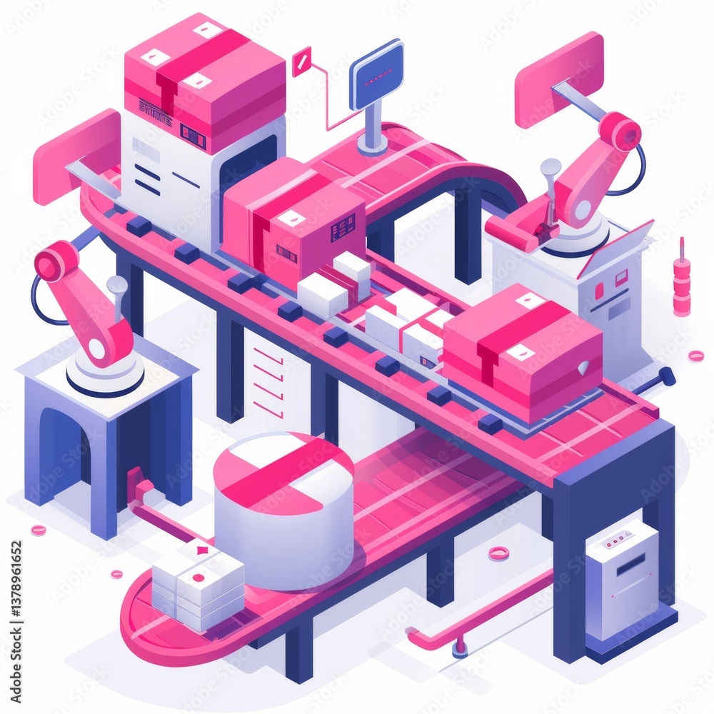 Obraz premium Minimalist isometric vector art of an automated warehouse with robotics and conveyor systems