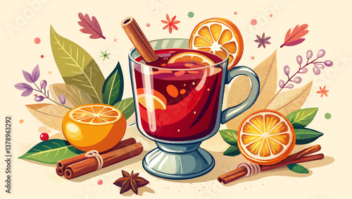 steaming mug rich red mulled wine sits pristine white surface garnished cinnamon stick and orange slice surrounded aromatic spices.
