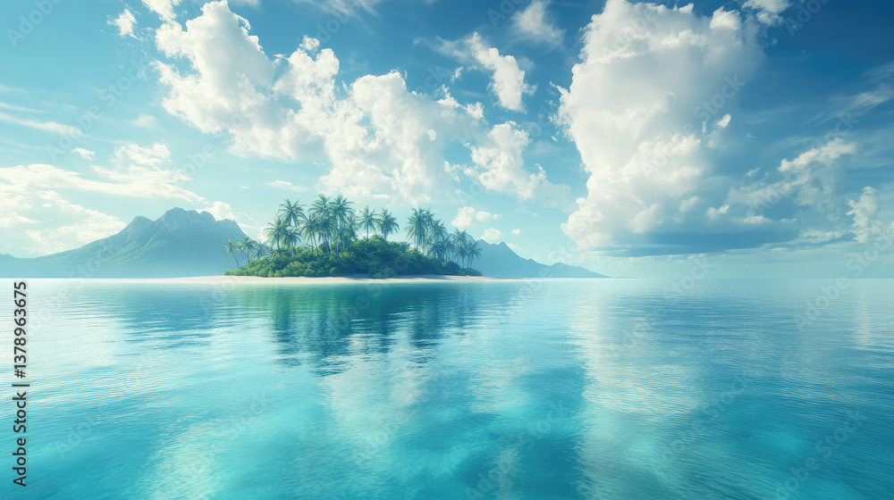 Obraz premium Tropical paradise island with palm trees, turquoise ocean and clear blue sky, symbolizing exotic vacation getaway, serenity, and dream destination for relaxing holidays and nature lovers