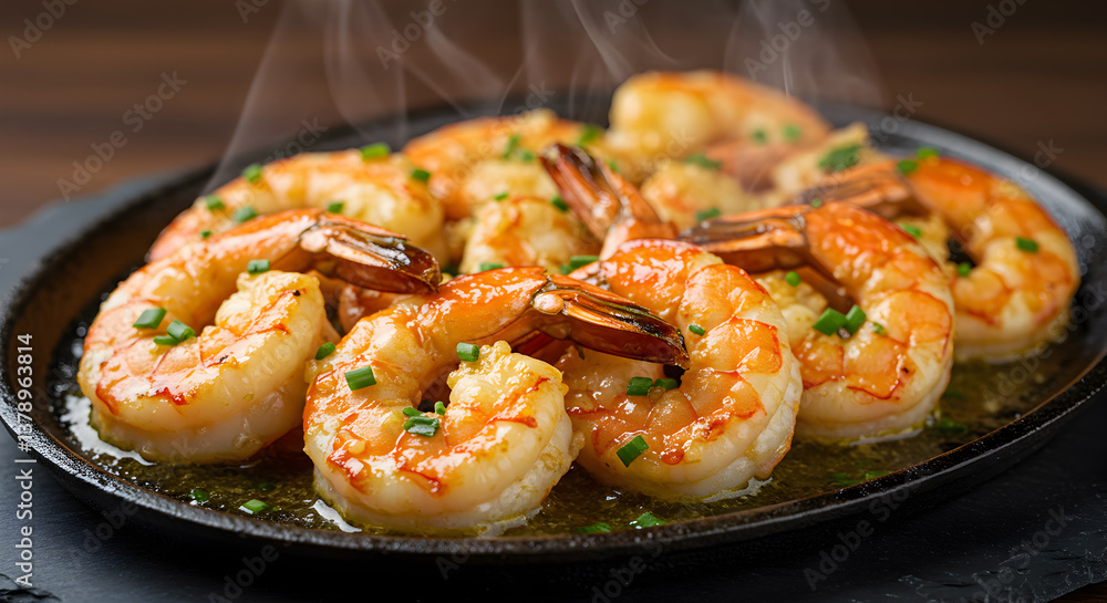 Delicious sizzling garlic butter prawns served hot on a dark slate plate Delicious sizzling garlic butter prawns served hot on a dark slate plate