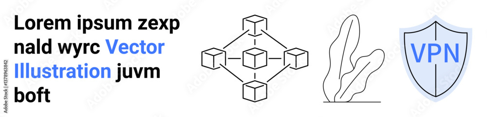 Blockchain nodes linked in network, security shield labeled VPN, and abstract plant outline. Ideal for technology, cybersecurity, remote work, online privacy, blockchain, data security simple Blockchain nodes linked in network, security shield labeled VPN, and abstract plant outline. Ideal for technology, cybersecurity, remote work, online privacy, blockchain, data security simple