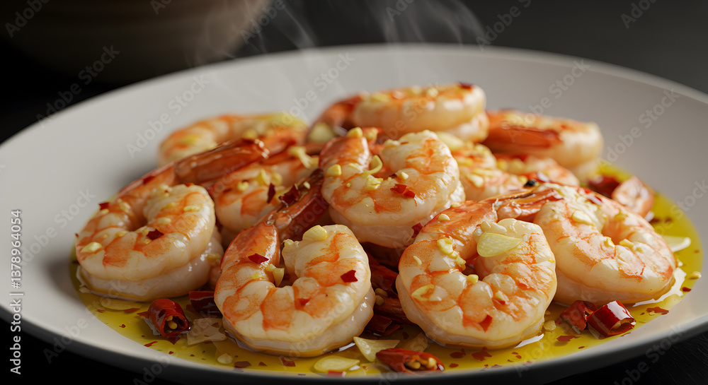Delicious sizzling garlic prawns with chili flakes and olive oil on white plate Delicious sizzling garlic prawns with chili flakes and olive oil on white plate