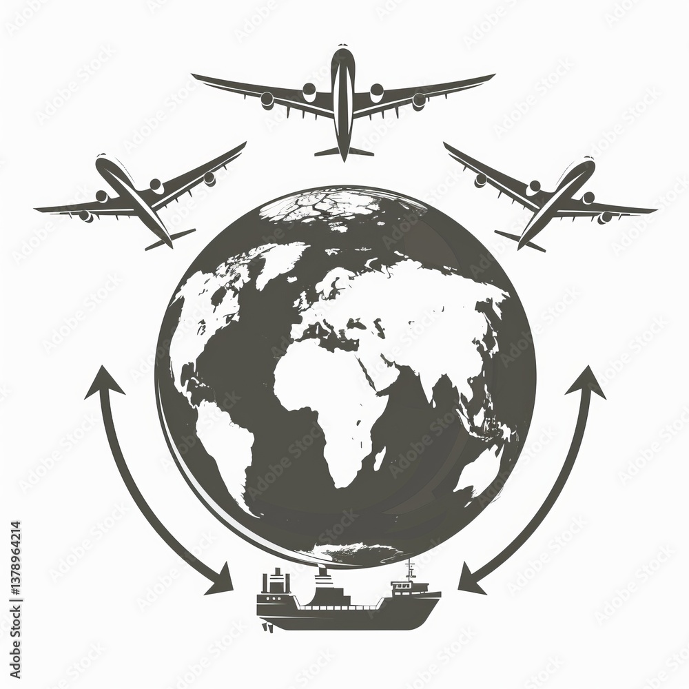 Minimalist vector globe icon with shipping routes, airplane, and cargo ship on white background Minimalist vector globe icon with shipping routes, airplane, and cargo ship on white background