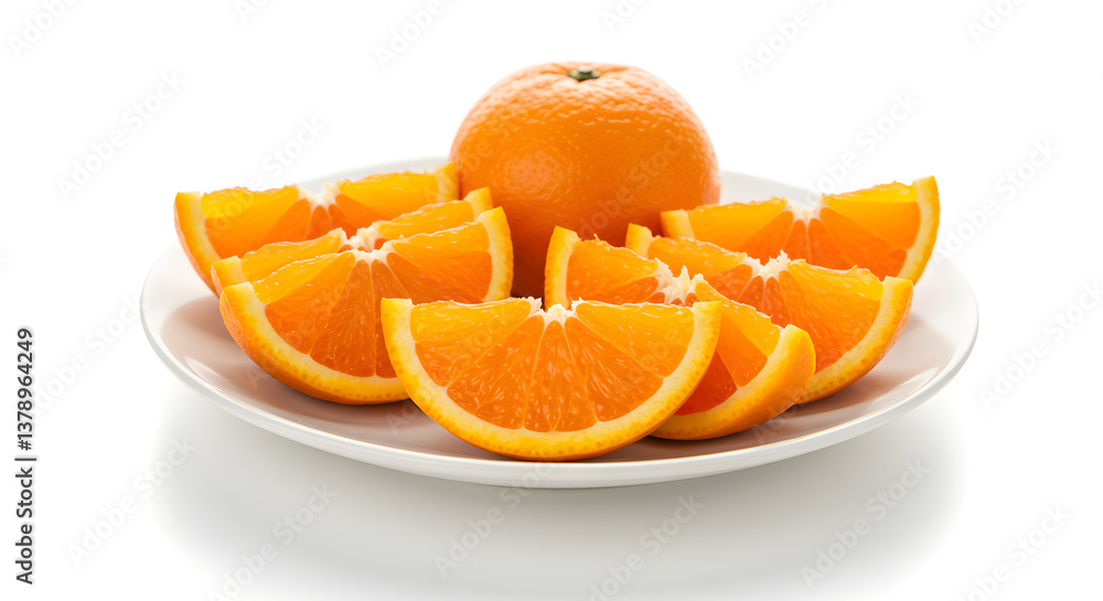 Vibrant Slices and Whole Natsumikan on a Glossy White Plate Presentation Vibrant Slices and Whole Natsumikan on a Glossy White Plate Presentation