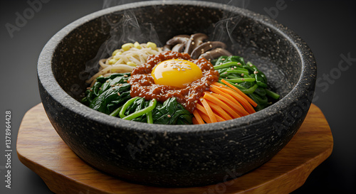 Authentic korean bibimbap sizzling in a hot stone bowl, ready to be served