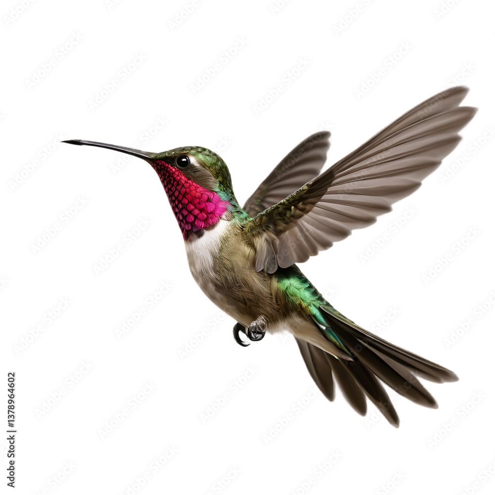 Fototapeta premium Ruby throated hummingbird frozen in mid flight with wings outstretched showing iridescent feathers