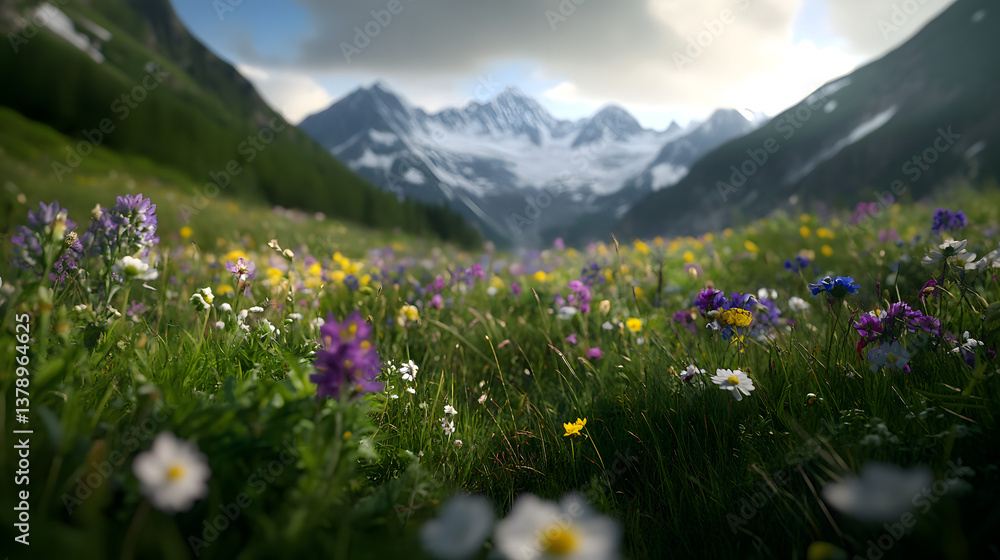 Obraz premium A family of cows and sheep grazing on a lush alpine meadow with rocky mountain peaks rising in the background and clear skies above.