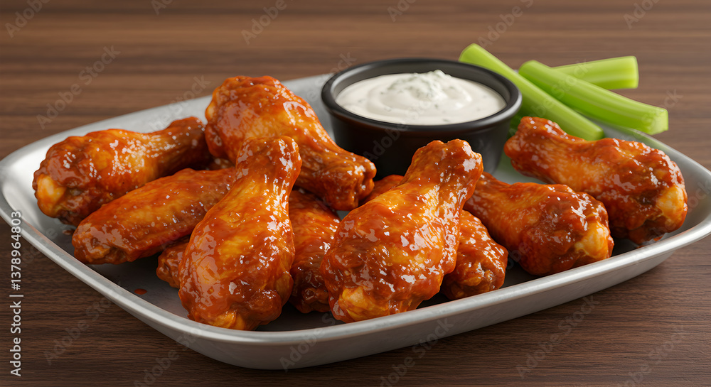 Savory delight: fiery chicken wings with cool blue cheese dip and crisp celery sticks Savory delight: fiery chicken wings with cool blue cheese dip and crisp celery sticks