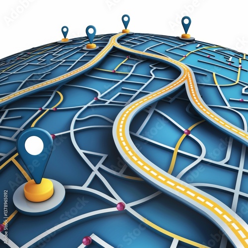 Flat vector illustration of a logistics route map with delivery tracking and location pins