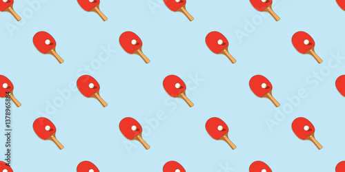 A vibrant seamless pattern featuring ping pong paddles and balls on a light blue background. Vector illustration EPS10.