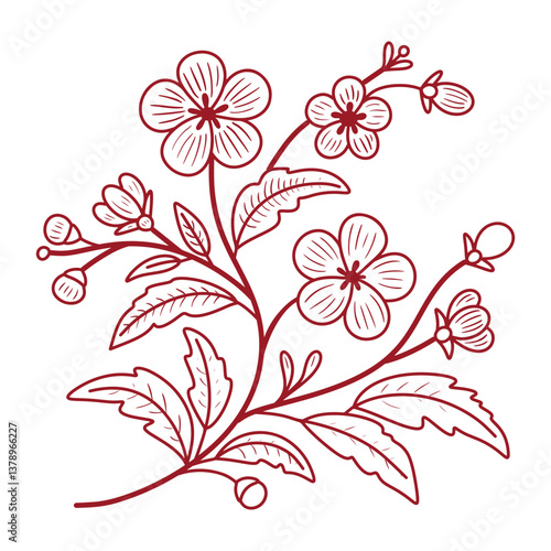 Minimalist Line Art Floral Illustration. Delicate Elegant Red Flower Branch with Blooms and Leaves, Traditional Asian Botanical Art Inspired Hand Drawn Drawing