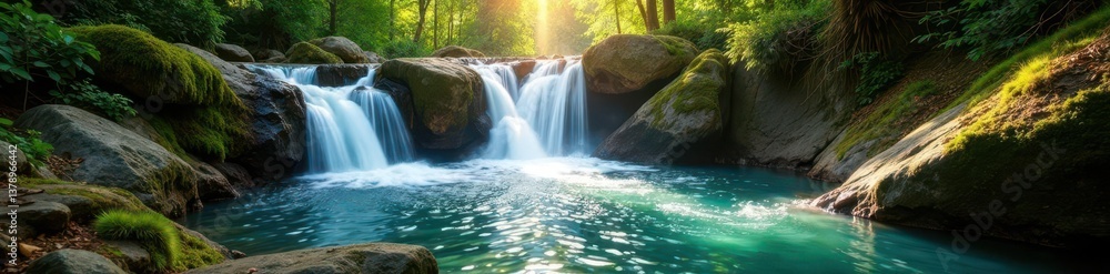 Fototapeta premium Sun-dappled waterfall, crystal clear water, moss-covered rocks, image, peaceful, enchanted