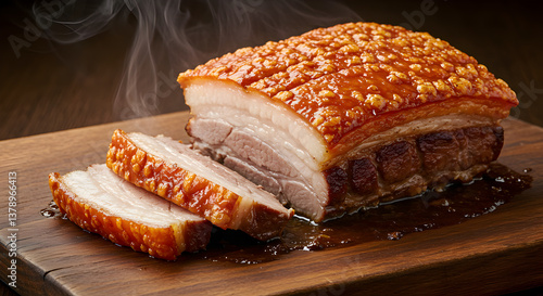 Golden crusted pork belly steaming on a rustic wooden cutting board closeup
