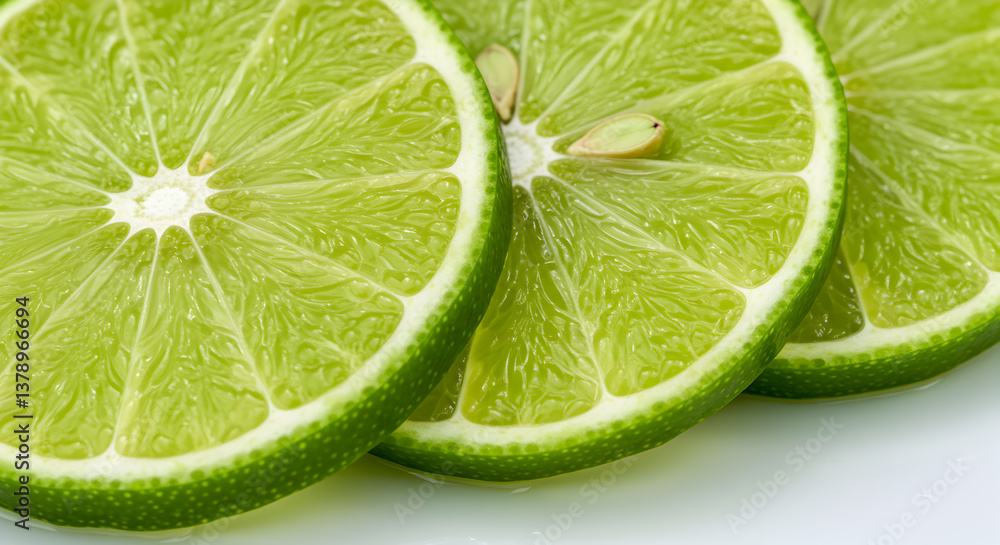 Freshness encapsulated: Vibrant close-up of juicy persian lime slices isolated on white Freshness encapsulated: Vibrant close-up of juicy persian lime slices isolated on white